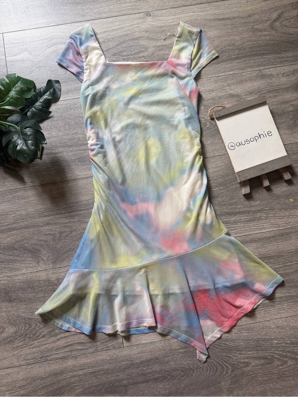 Art Class Kids Watercolor Tie Dye Square-Neck Handkerchief Hem Mini Dress. M 8